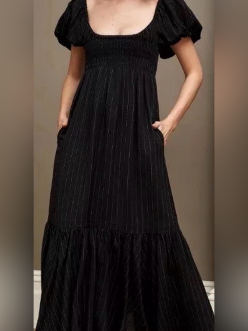 La Ligne Amy Linen Blend Black Pinstripe Maxi Dress SIze Medium